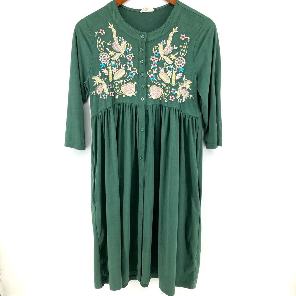 Hidden Valley Green Velvet Embroidered Button Up Midi Dress